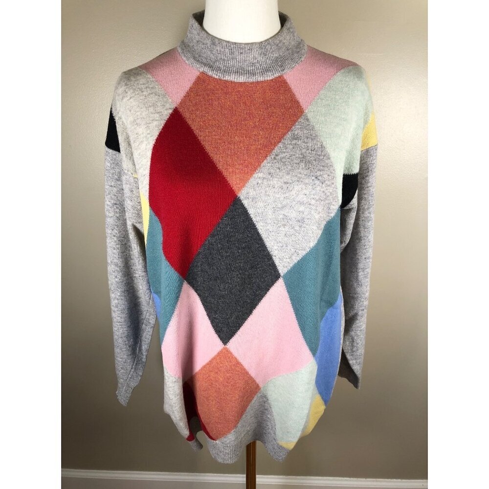 UNBRANDED Made in Italy Lambswool Blend Mock Neck 3/4 Sleeve Argyle Sweater Size